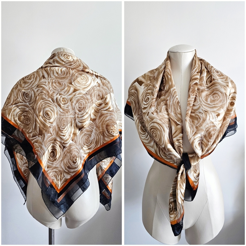 VTG Luxurious Silk Feel Champagne Rose Design Elegant Tan Floral Large 41" Scarf